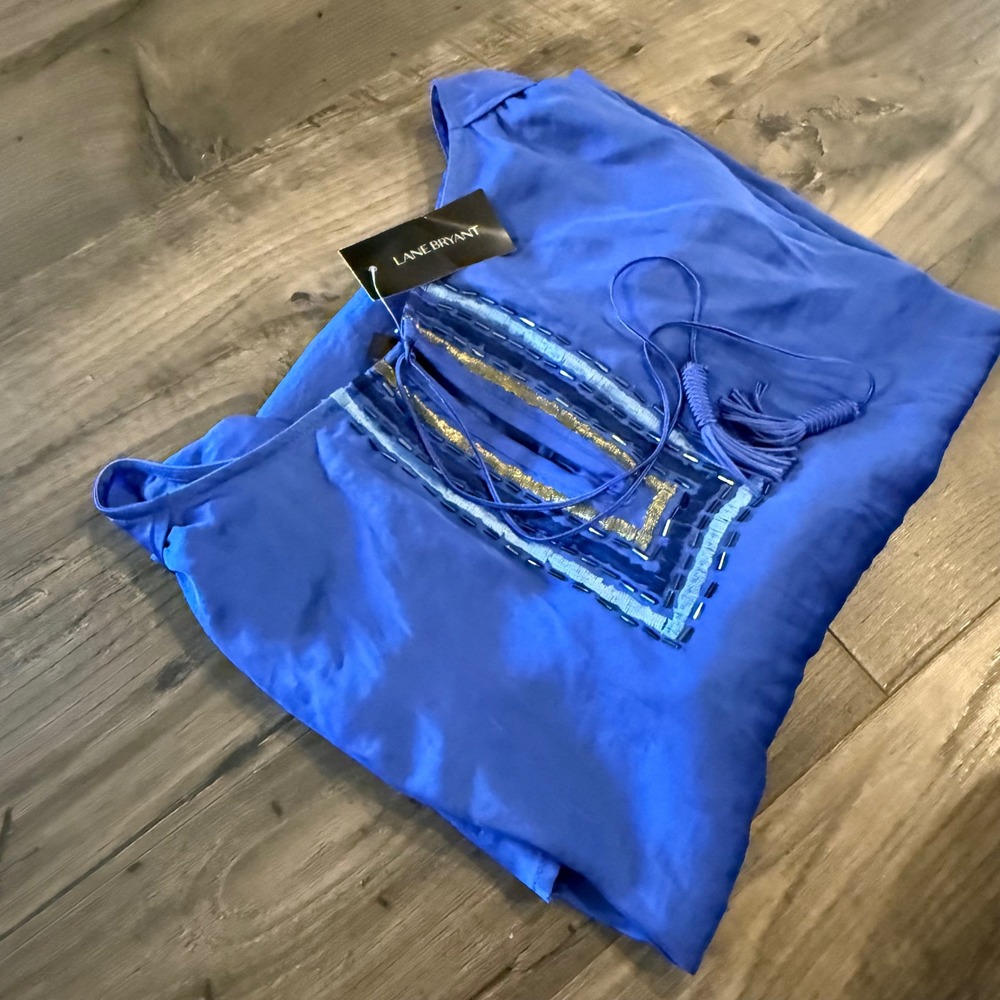 Lane Bryant Royal Blue Beaded Embroidered Tassel Peasant Blouse 26/28 NWT